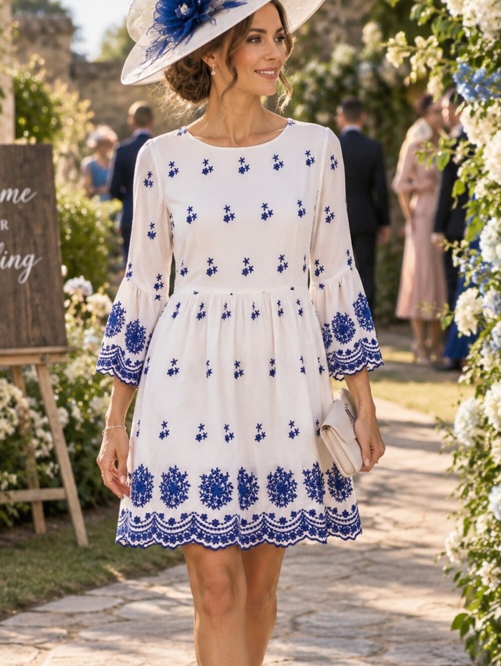 Lulus With a Whisper White Embroidered Blue Eyelet Dress 3/4 Sleeves Medium